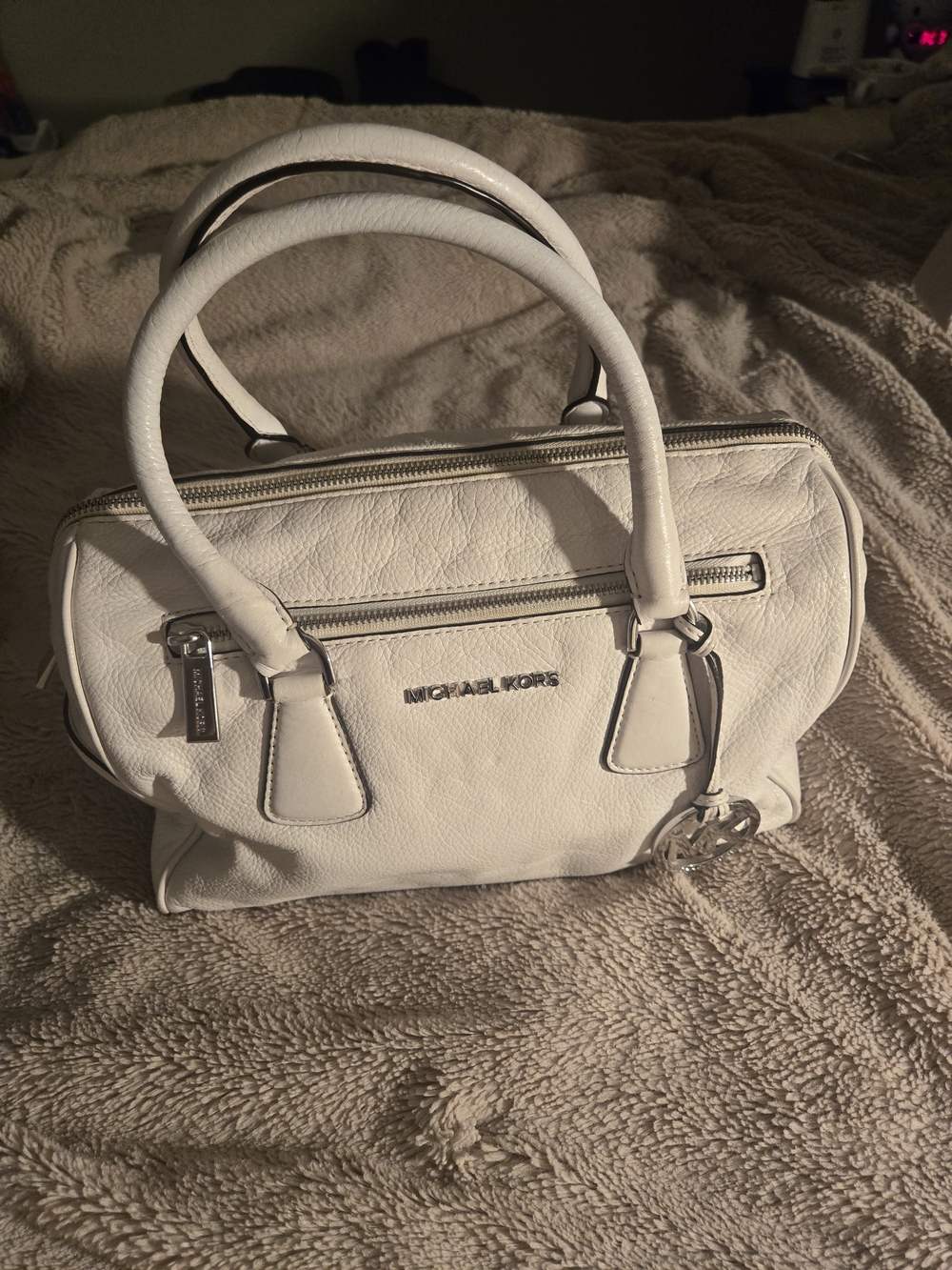 Michael Kors White Pebbled Leather Satchel with Silver Hardware